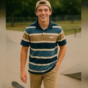 Vans Halicrest Polo Shirt Large Blue Tan Stripe Cotton Skate Wear Prep Casual